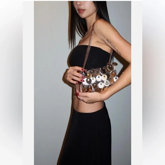 PACO RABANNE X H&M SILVER GOLD SEQUIN DISC EMBELLISHED CHAIN SHOULDER BAG NWT! - Picture 9 of 14